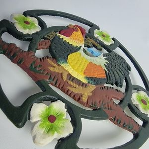 Vintage Cast Iron Hand Painted Rooster Flowers Themed Multicolored Trivet Pat